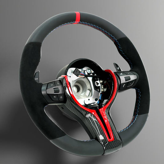 Alcantara & Leather Steering Wheel for BMW M & F Series (F30, F10, F15, F16) with Carbon Fiber Trim - Red