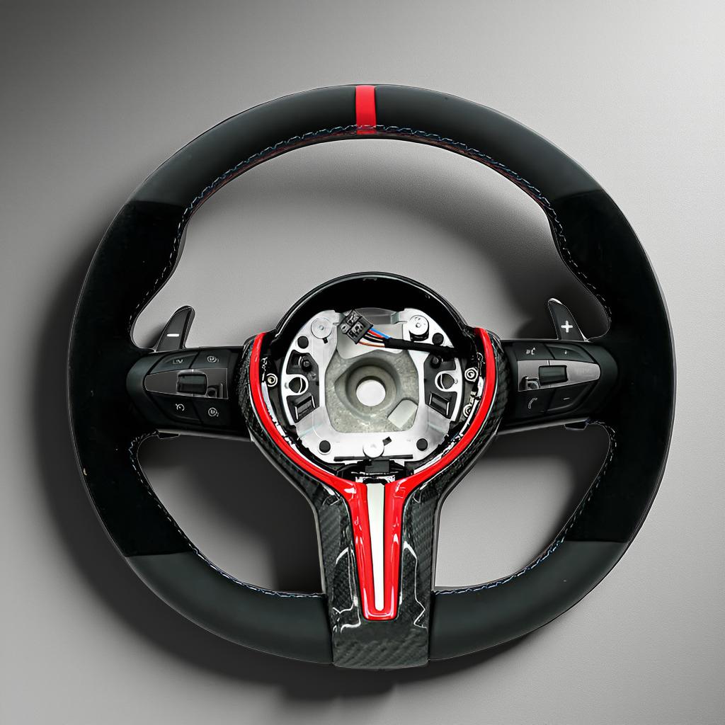 Alcantara & Leather Steering Wheel for BMW M & F Series (F30, F10, F15, F16) with Carbon Fiber Trim - Red