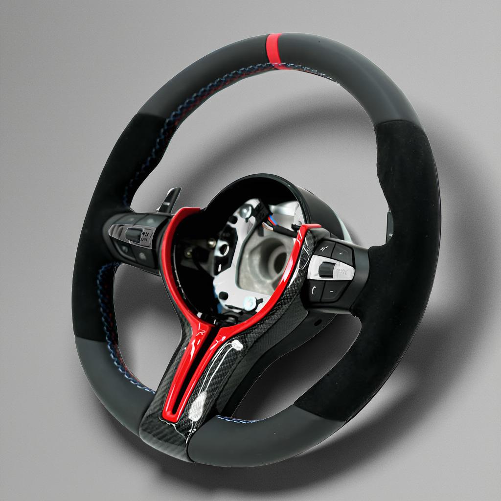 Alcantara & Leather Steering Wheel for BMW M & F Series (F30, F10, F15, F16) with Carbon Fiber Trim - Red